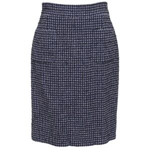 CHANEL Tweed Skirt Navy White Black Knee Length Pencil Pockets Gunmetal Sz 38
